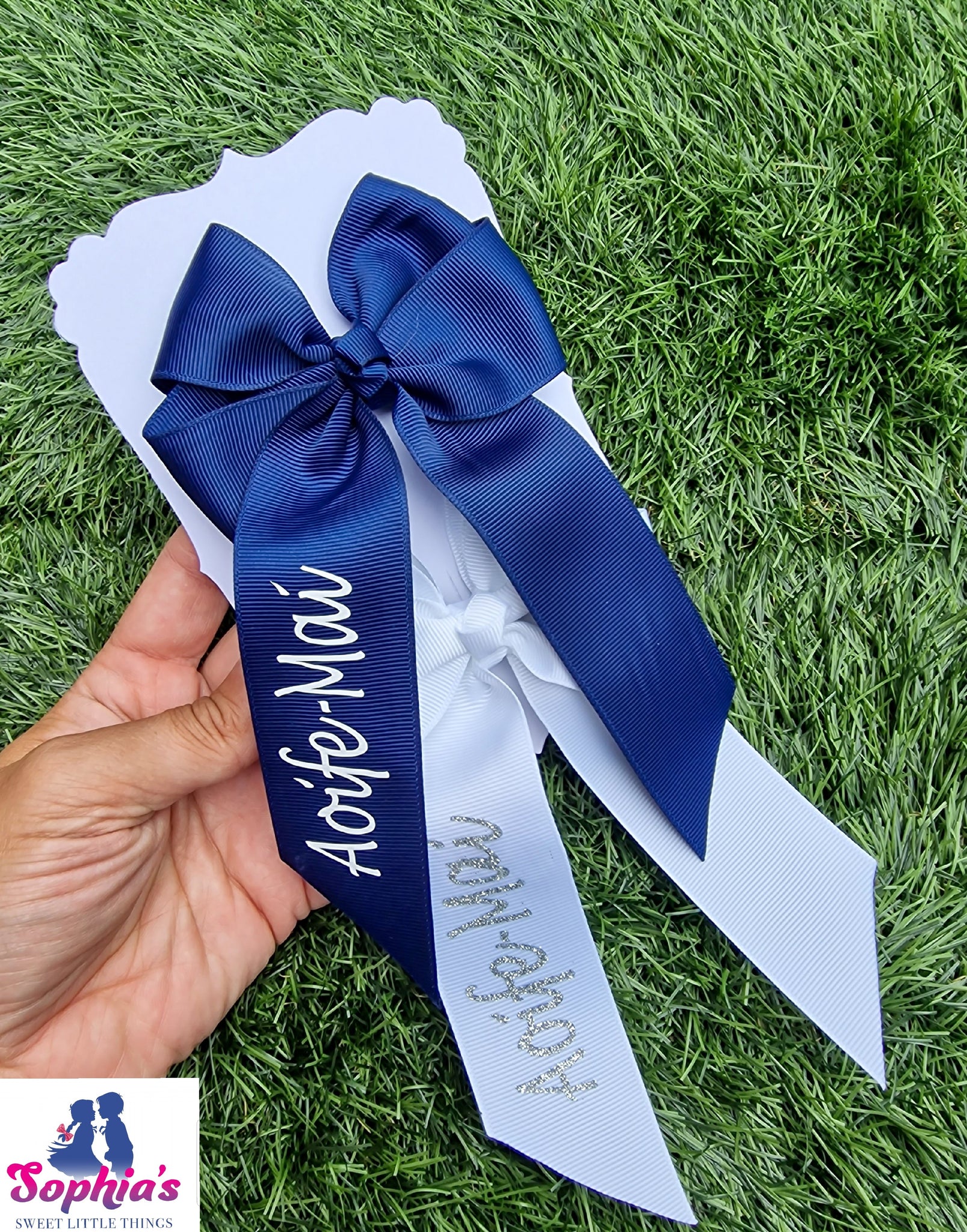 Navy Blue/ White Personalised Tails down Bows